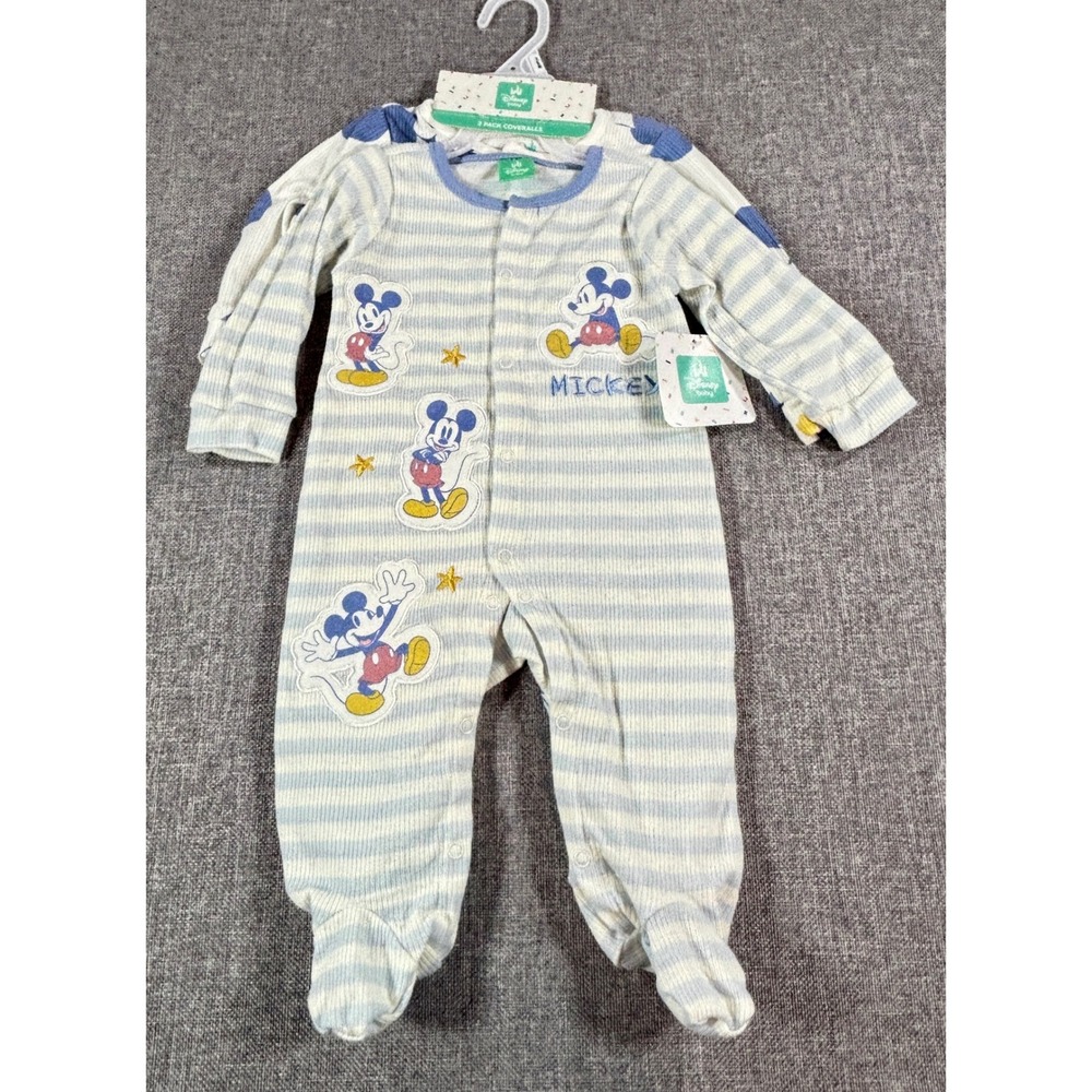 Disney Baby Boys Mickey Mouse Footed Sleeper 2 Pack 3-6M Blue White Ribbed Knit